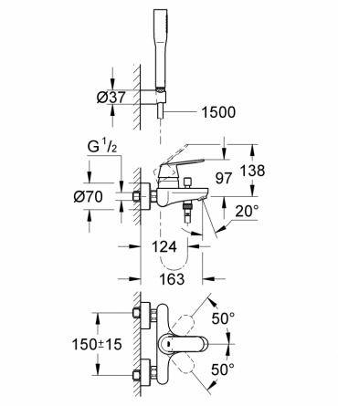 Смеситель для ванны Grohe Eurosmart Cosmopolitan с душевым гарнитуром фото 2