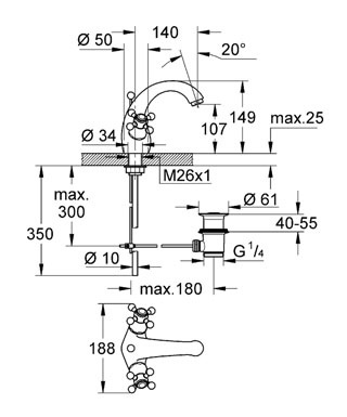 Смеситель для раковины Grohe Sinfonia с донным клапаном, вынос 130 мм фото 3