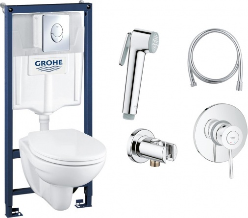 Комплект  Grohe Solido 39192000 подвесной унитаз + инсталляция + кнопка + Гигиенический душ Grohe BauClassic 124901 со смесителем фото 1