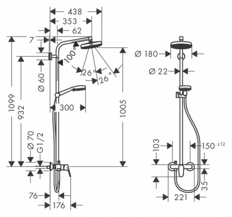 Душевая стойка Hansgrohe Crometta 160 1 Jet  с однорычажным смесителем фото 2