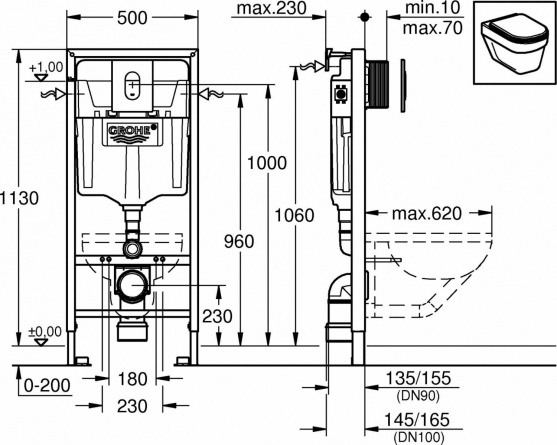 Комплект  Система инсталляции для унитазов Grohe Rapid SL 38929000 4 в 1 с кнопкой смыва + Унитаз подвесной Villeroy & Boch O'Novo 5660 H101 alpin фото 9