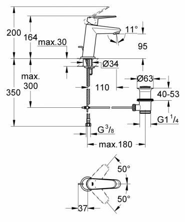 Смеситель для раковины Grohe Eurodisc Cosmopolitan с донным клапаном, уменьшенный фото 2